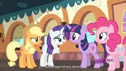 Size: 1366x768 | Tagged: safe, derpibooru import, screencap, applejack, pinkie pie, rarity, twilight sparkle, image, needs more jpeg, png, youtube caption, youtube link