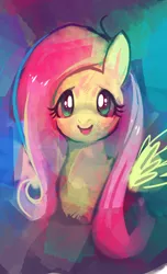 Size: 730x1200 | Tagged: safe, artist:purplekecleon, derpibooru import, fluttershy, pegasus, pony, abstract background, bust, female, full face view, looking at you, mare, portrait, smiling, solo, wings
