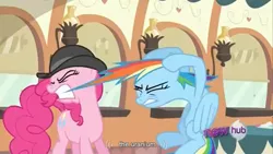 Size: 1366x768 | Tagged: derpibooru import, hub logo, mmmystery on the friendship express, pinkie pie, pulling, rainbow dash, safe, screencap, uranium, youtube caption, youtube link