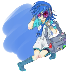 Size: 1165x1285 | Tagged: artist:applestems, boots, clothes, derpibooru import, female, gloves, headphones, human, humanized, necktie, red eyes, safe, shoes, shoulder bag, solo, vinyl scratch