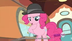 Size: 1366x768 | Tagged: derpibooru import, hub logo, mmmystery on the friendship express, pinkie pie, safe, screencap, youtube caption, youtube link