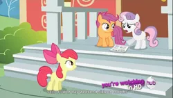 Size: 1366x768 | Tagged: apple bloom, cutie mark crusaders, derpibooru import, meme, ponyville confidential, ponyville schoolhouse, safe, scootaloo, screencap, sweetie belle, youtube caption, youtube link