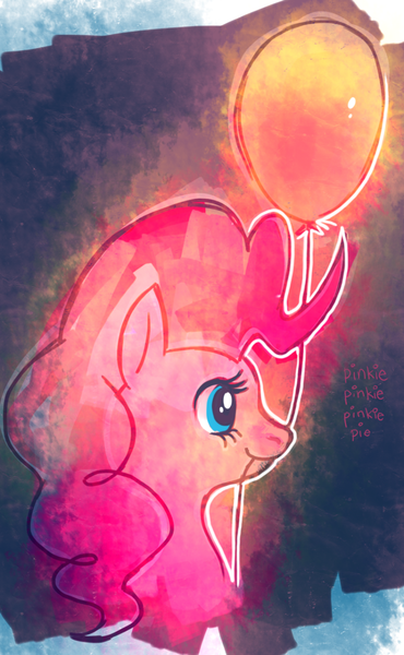 Size: 739x1200 | Tagged: safe, artist:purplekecleon, derpibooru import, pinkie pie, earth pony, pony, balloon, bust, female, mare, nom, portrait, profile, smiling, solo