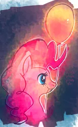 Size: 739x1200 | Tagged: safe, artist:purplekecleon, derpibooru import, pinkie pie, earth pony, pony, balloon, bust, female, mare, nom, portrait, profile, smiling, solo