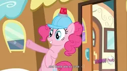 Size: 1366x768 | Tagged: derpibooru import, hub logo, mmmystery on the friendship express, pinkie pie, safe, screencap, youtube caption, youtube link