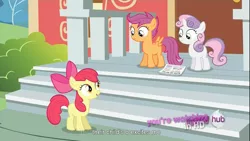 Size: 1366x768 | Tagged: all new, apple bloom, cutie mark crusaders, derpibooru import, meme, ponyville confidential, ponyville schoolhouse, safe, scootaloo, screencap, sweetie belle, text, youtube caption, youtube link