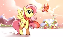 Size: 1024x600 | Tagged: safe, artist:karzahnii, derpibooru import, fluttershy, bird, pegasus, pony, 12 days of christmas, clothes, female, fluttershy's cottage, mare, mountain, raised hoof, scarf, snow, snowfall, solo, twelve days of christmas, winter