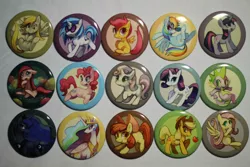 Size: 1200x800 | Tagged: safe, artist:purplekecleon, derpibooru import, apple bloom, applejack, derpy hooves, fluttershy, pinkie pie, princess celestia, princess luna, rarity, scootaloo, spike, twilight sparkle, vinyl scratch, pegasus, pony, buttons, everypony, female, mare