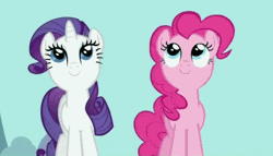 Size: 548x314 | Tagged: animated, cute, derpibooru import, duo, loop, pinkie pie, rarity, read it and weep, safe, screencap