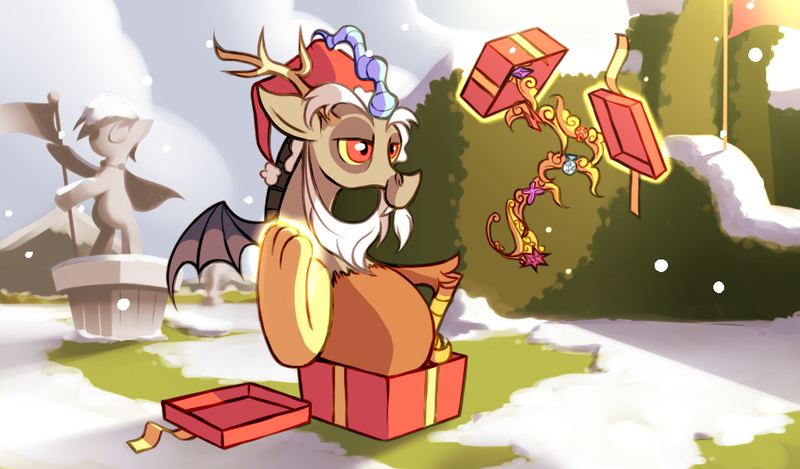 Size: 1024x600 | Tagged: safe, artist:karzahnii, derpibooru import, discord, draconequus, 12 days of christmas, box, elements of harmony, fake beard, hat, male, present, santa beard, santa hat, snow, snowfall, solo, statue, twelve days of christmas