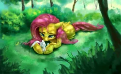 Size: 2075x1281 | Tagged: angel bunny, artist:ruffu, derpibooru import, fluttershy, forest, safe