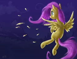 Size: 1584x1224 | Tagged: safe, artist:ruffu, derpibooru import, fluttershy, pegasus, pony, feather, female, flying, looking away, mare, missing cutie mark, mountain, night, solo, spread wings, three quarter view, windswept mane, wings