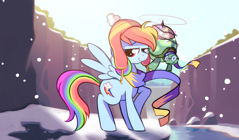 Size: 1024x600 | Tagged: safe, artist:karzahnii, derpibooru import, rainbow dash, tank, pegasus, pony, 12 days of christmas, christmas lights, clothes, duo, female, ghastly gorge, hat, mare, pet, scarf, snow, snowfall, twelve days of christmas, winter