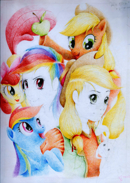 Size: 2450x3426 | Tagged: apple bloom, applejack, artist:ruffu, derpibooru import, high res, humanized, rainbow dash, safe