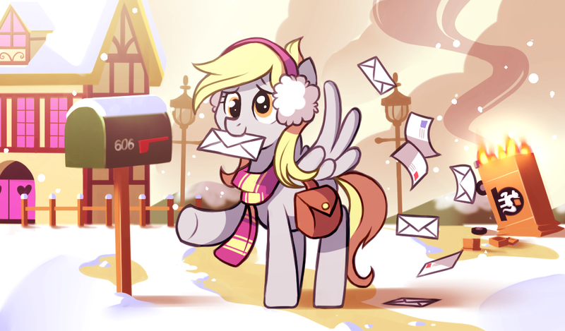 Size: 1024x600 | Tagged: safe, artist:karzahnii, derpibooru import, derpy hooves, pegasus, pony, 12 days of christmas, accident, christmas, clothes, crash, crossover, cute, derpabetes, earmuffs, female, fence, fire, lamppost, letter, mail, mailbox, mailmare, mare, mouth hold, scarf, smiling, smoke, snow, snowfall, solo, spread wings, team fortress 2, twelve days of christmas, winter