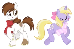 Size: 2400x1600 | Tagged: safe, artist:equestria-prevails, derpibooru import, dinky hooves, pipsqueak, earth pony, pony, unicorn, clothes, dinkysqueak, eyes closed, female, male, older, scarf, shipping, simple background, straight, transparent background, twitterpated