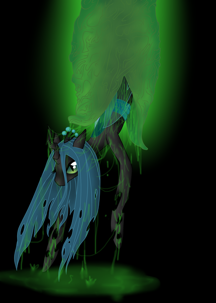 Size: 1911x2672 | Tagged: safe, artist:mondlichtkatze, derpibooru import, queen chrysalis, changeling, changeling queen, goo, birth, black background, changeling slime, cocoon, female, image, png, simple background, slit eyes, solo