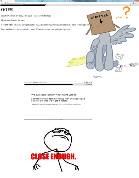 Size: 1920x2460 | Tagged: safe, derpibooru import, derpy hooves, pegasus, pony, derpibooru, ponibooru, adblock, cardboard box, chrome, envelope, error message, female, frown, google chrome, impact font, letter, mail, mare, meme face, meta, question mark, spread wings, stick figure, text, twitter, underhoof, url, windows, windows 7, wings