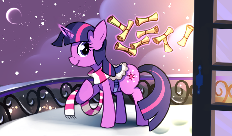 Size: 1024x600 | Tagged: safe, artist:karzahnii, derpibooru import, twilight sparkle, pony, unicorn, 12 days of christmas, balcony, clothes, crescent moon, female, letter, long scarf, magic, mare, moon, night, saddle, scarf, scroll, snow, snowfall, solo, twelve days of christmas, unicorn twilight