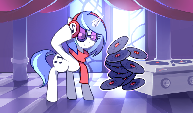 Size: 1024x600 | Tagged: safe, artist:karzahnii, derpibooru import, vinyl scratch, pony, unicorn, 12 days of christmas, clothes, dj table, female, headphones, magic, mare, record, scarf, solo, turntable, twelve days of christmas