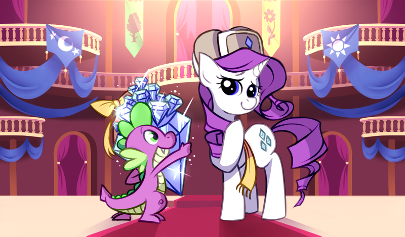 Size: 1024x600 | Tagged: safe, artist:karzahnii, derpibooru import, rarity, spike, dragon, pony, unicorn, 12 days of christmas, clothes, cute, female, gem, hat, male, mare, present, raised hoof, scarf, shipping, sparity, straight, town hall, twelve days of christmas