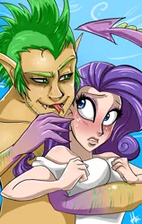 Size: 1280x2024 | Tagged: suggestive, artist:yuramec, derpibooru import, rarity, spike, human, secret of my excess, blushing, breasts, claws, female, greed spike, humanized, looking at each other, male, pointed ears, raised eyebrow, scene interpretation, shipping, sin of greed, sin of lust, sparity, spikezilla, straight, tongue out, worried