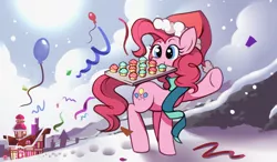Size: 1024x600 | Tagged: safe, artist:karzahnii, derpibooru import, pinkie pie, earth pony, pony, 12 days of christmas, balloon, clothes, confetti, cupcake, female, hat, mare, mouth hold, raised hoof, santa hat, scarf, snow, snowfall, solo, sugarcube corner, tray, twelve days of christmas