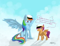 Size: 2000x1541 | Tagged: artist:copycatastrophe, derpibooru import, hat, rainbow dash, safe, scootaloo