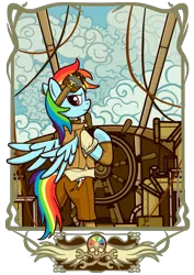 Size: 1756x2485 | Tagged: safe, artist:noreasontohope, derpibooru import, rainbow dash, pegasus, pony, airship, bipedal, clothes, cloud, ear piercing, earring, female, flying, goggles, jewelry, mare, piercing, pirate, plot, scar, skull, sky, smiling, solo, steampunk, wrench