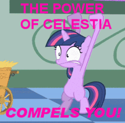 Size: 253x250 | Tagged: animated, bipedal, blank flank, cropped, derpibooru import, edit, edited screencap, exorcism, exorcist, female, filly, filly twilight sparkle, foal, image macro, meme, pink text, safe, screencap, solo, text, the cutie mark chronicles, the exorcist, the power of christ compels you, twilight sparkle, younger