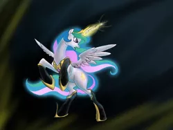 Size: 900x675 | Tagged: angry, artist:cave-shinobi, derpibooru import, glowing horn, princess celestia, rearing, safe, solo