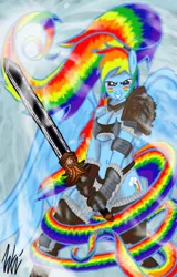 Size: 604x946 | Tagged: anthro, artist:gmeiden, breasts, busty rainbow dash, chainmail bikini, crossover, derpibooru import, leman russ, ponyarch, primarch, rainbow dash, space wolves, suggestive, sword, warhammer 40k, warhammer (game), warrior, weapon