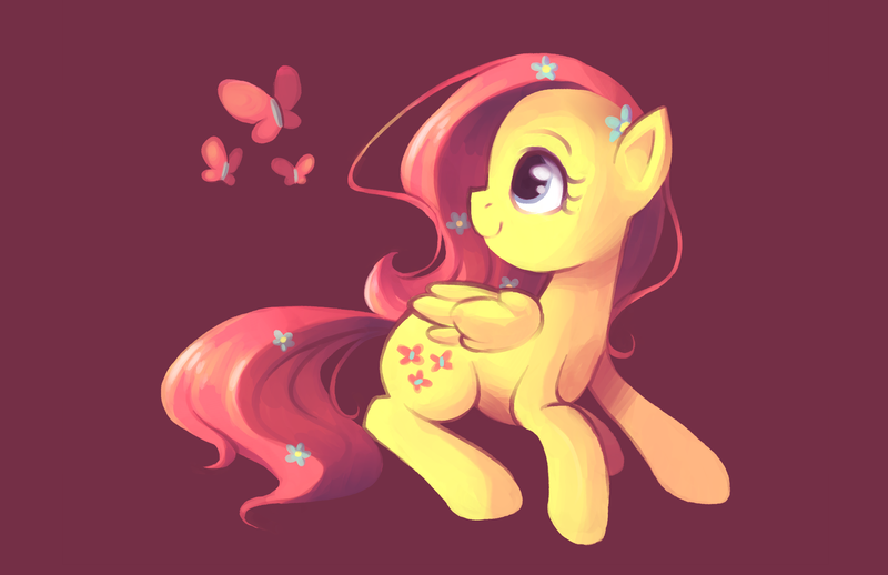 Size: 2040x1320 | Tagged: safe, artist:karzahnii, derpibooru import, fluttershy, butterfly, pegasus, pony, female, flower, flower in hair, happy, looking back, mare, prone, simple background, sitting, solo
