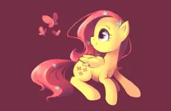 Size: 2040x1320 | Tagged: safe, artist:karzahnii, derpibooru import, fluttershy, butterfly, pegasus, pony, female, flower, flower in hair, happy, looking back, mare, prone, simple background, sitting, solo