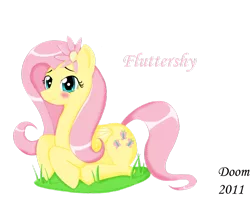 Size: 900x708 | Tagged: safe, artist:doomxwolf, derpibooru import, fluttershy, pegasus, pony, blushing, female, flower, flower in hair, folded wings, looking at you, mare, name, prone, simple background, smiling, solo, three quarter view, transparent background, wings