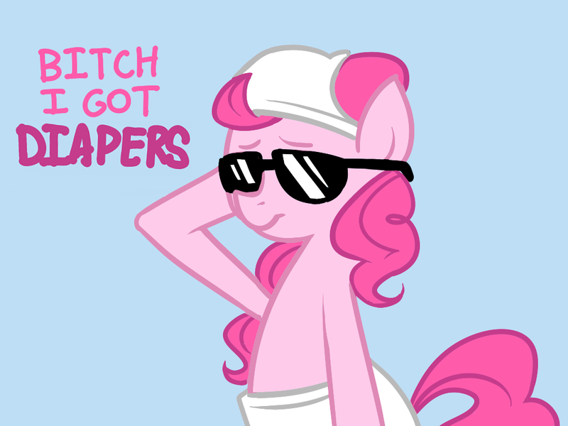 Size: 1024x768 | Tagged: safe, artist:karzahnii, derpibooru import, pinkie pie, earth pony, pony, bipedal, diaper, diaper on head, female, mare, simple background, solo, sunglasses, vulgar