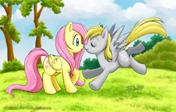 Size: 1052x670 | Tagged: safe, artist:rinacat, derpibooru import, derpy hooves, fluttershy, pegasus, pony, derpyshy, female, lesbian, mare, nuzzling, shipping