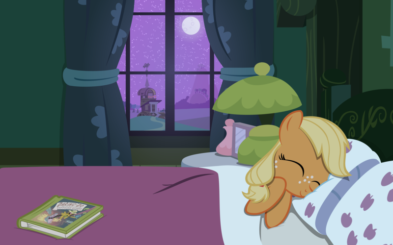 Size: 4000x2500 | Tagged: applejack, artist:misterbrony, bed, bedroom, book, daring do, derpibooru import, duo, night, safe, sleeping, window