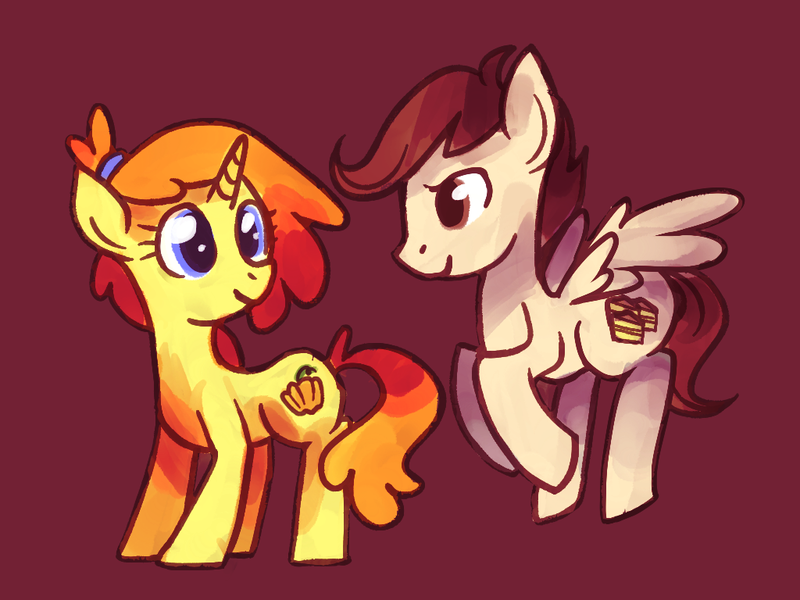 Size: 1024x768 | Tagged: safe, artist:karzahnii, derpibooru import, pound cake, pumpkin cake, pegasus, pony, unicorn, adult, brother and sister, cake twins, colt, duo, female, filly, image, male, mare, older, older cake twins, older pound cake, older pumpkin cake, png, red background, siblings, simple background, stallion, twins