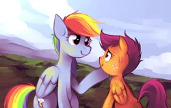 Size: 1720x1080 | Tagged: safe, artist:karzahnii, derpibooru import, rainbow dash, scootaloo, pegasus, pony, bandaid, crying, cute, duo, duo female, eye contact, female, filly, happy, injured, looking at each other, mare, raised hoof, scootalove, sitting, tears of joy