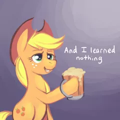 Size: 750x750 | Tagged: safe, artist:karzahnii, derpibooru import, applejack, earth pony, pony, the super speedy cider squeezy 6000, applejack's hat, cider, cowboy hat, female, gradient background, hat, hoof hold, i didn't learn anything, mare, solo