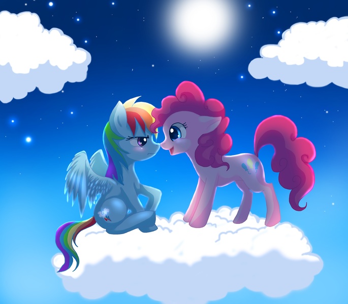 Size: 2912x2550 | Tagged: safe, artist:jacky-bunny, derpibooru import, pinkie pie, rainbow dash, cloud, cloudy, female, high res, lesbian, moon, night, pinkiedash, shipping, stars