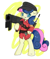Size: 823x964 | Tagged: safe, artist:lustrous-dreams, derpibooru import, bon bon, lyra heartstrings, sweetie drops, earth pony, pony, semi-anthro, bipedal, clothes, grenade, looking at you, rocket launcher, smiling at you, soldier, team fortress 2