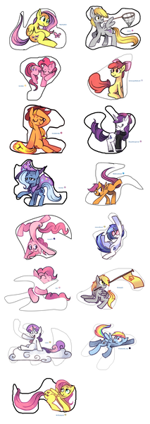 Size: 1280x3600 | Tagged: safe, artist:karzahnii, derpibooru import, apple bloom, applejack, derpy hooves, fluttershy, pinkie pie, rainbow dash, rarity, scootaloo, sweetie belle, trixie, vinyl scratch, butterfly, earth pony, pegasus, pony, unicorn, beatnik rarity, beret, clothes, cloud, cutie mark crusaders, female, filly, flag, fourth wall, hat, mare