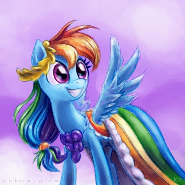 Size: 1000x1000 | Tagged: safe, artist:kp-shadowsquirrel, derpibooru import, rainbow dash, pegasus, pony, the best night ever, clothes, cute, dashabetes, dress, excited, female, gala dress, grin, happy, mare, smiling, solo, spread wings, squee, wings