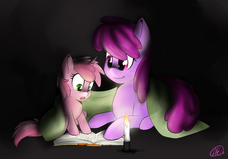 Size: 2000x1400 | Tagged: safe, artist:spittfireart, derpibooru import, berry punch, berryshine, ruby pinch, earth pony, pony, unicorn, blanket, book, candle, duo, duo female, female, filly, mare, mother and daughter