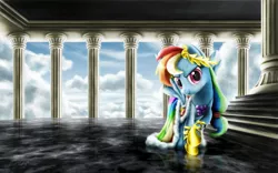 Size: 2400x1500 | Tagged: safe, artist:dcpip, derpibooru import, rainbow dash, pegasus, pony, clothes, column, dress, gala dress, laurel, laurel wreath, looking at you, marble, pink eyes, solo, spread wings, temple, wings
