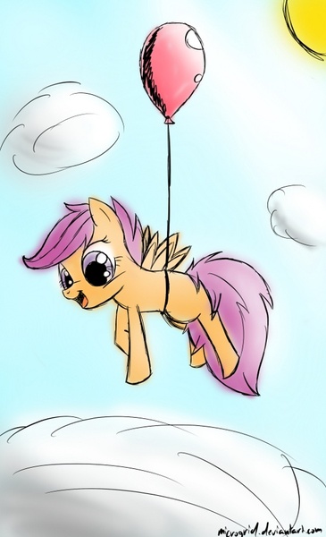 Size: 548x900 | Tagged: safe, artist:microgrid, derpibooru import, scootaloo, pegasus, pony, balloon, cloud, cute, cutealoo, female, filly, floating, happy, scootaloo can't fly, sun