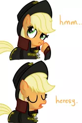 Size: 763x1140 | Tagged: safe, artist:miketheuser, derpibooru import, applejack, earth pony, pony, clothes, comic, crossover, dialogue, eyes closed, female, freckles, hat, heresy, imperium, inquisition, inquisitor, mare, open mouth, reaction image, simple background, warhammer (game), warhammer 40k, white background