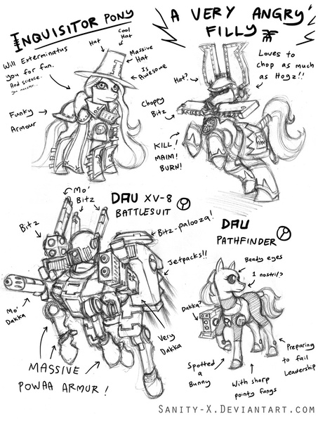 Size: 926x1226 | Tagged: safe, artist:sanity-x, derpibooru import, pony, tau, battle suit, chainsword, chaos space marine, dakka, giant hat, hat, inquisition, inquisitor, jetpack, khorne, khorne berzerker, monochrome, pathfinder, power armor, powered exoskeleton, tau empire, traditional art, warhammer (game), warhammer 40k, xv8 crisis battlesuit